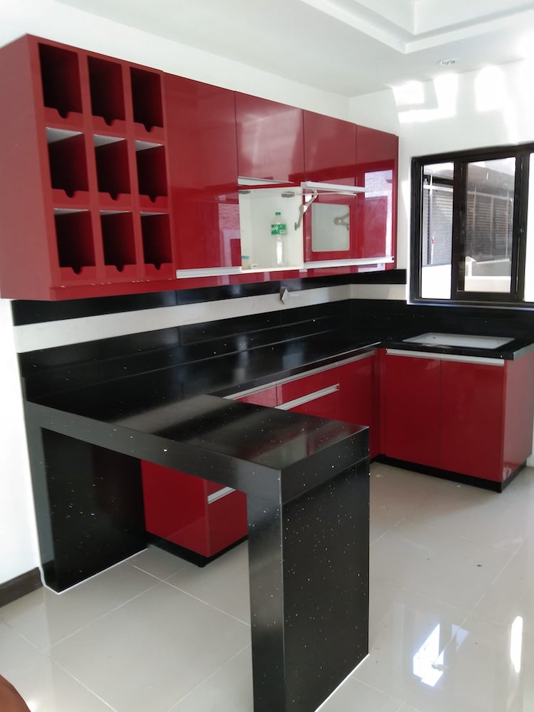 Red Acrylic Modular Kitchen Cabinets